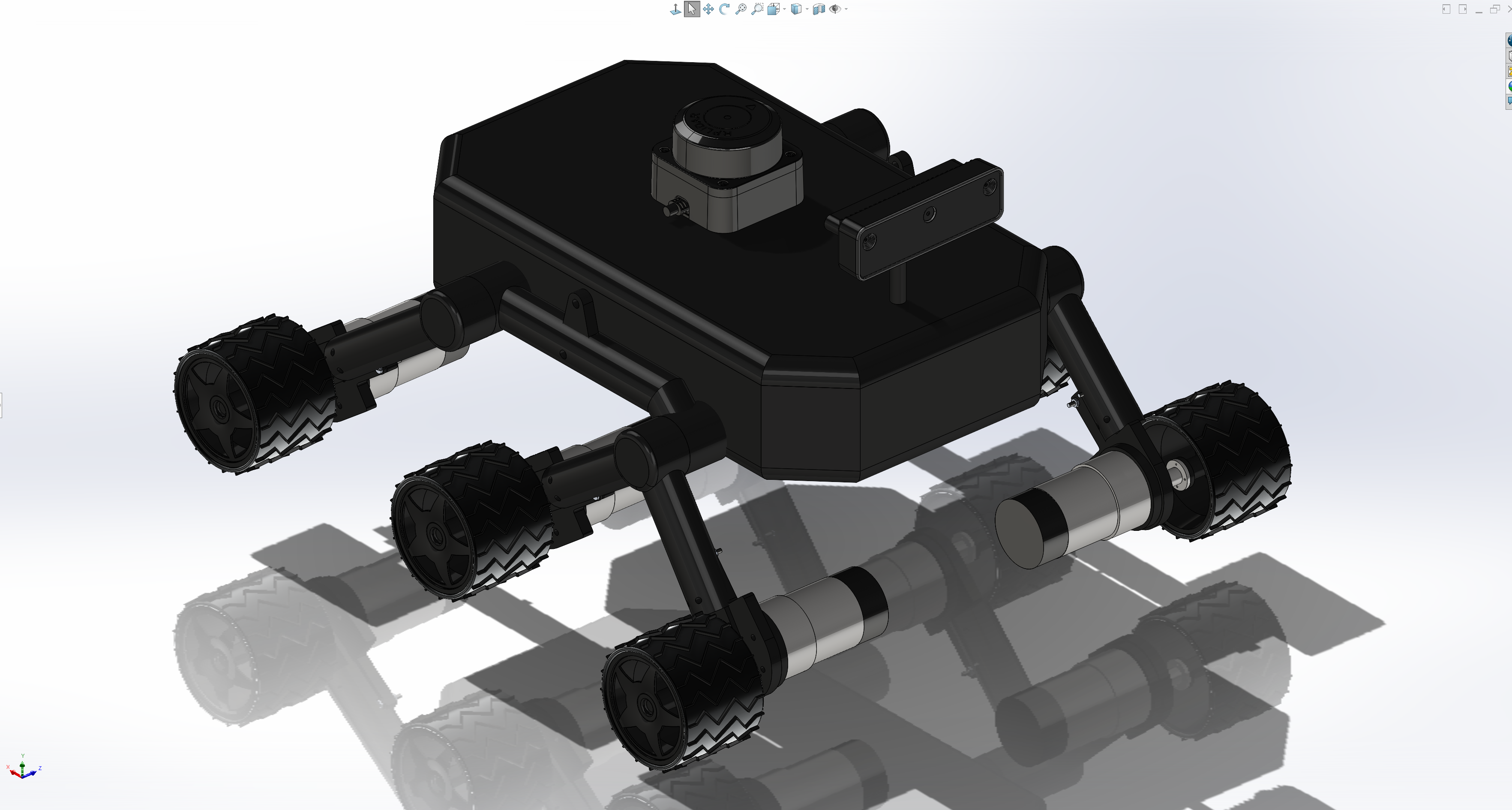 Illustrative engineering schematic of the documented six-wheel rocker-bogie platform with a three-degree-of-freedom arm and scoop. Geometry is conceptual.